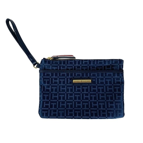 Tommy Hilfiger Womens Wristlet Makeup Bag Wallet Navy Blue TH Monogram Jacquard - Picture 3 of 11